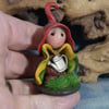 Tiny Meadow Gnome on grassy tableau OOAK Sculpt by Ann Galvin