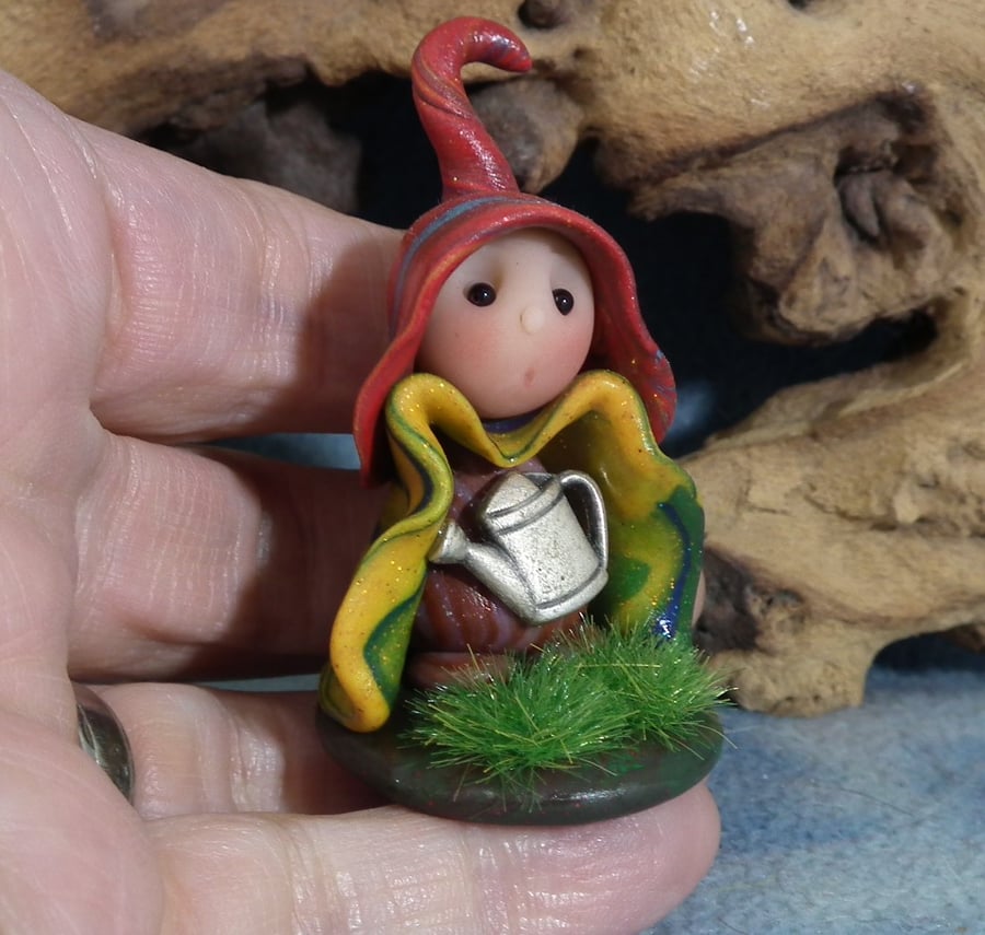 Tiny Meadow Gnome on grassy tableau OOAK Sculpt by Ann Galvin