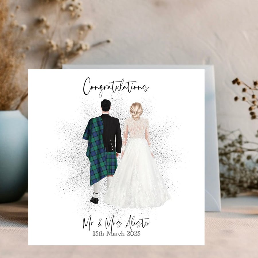 Scottish Outfits Wedding Day Card personalised for the happy couple with Kilts
