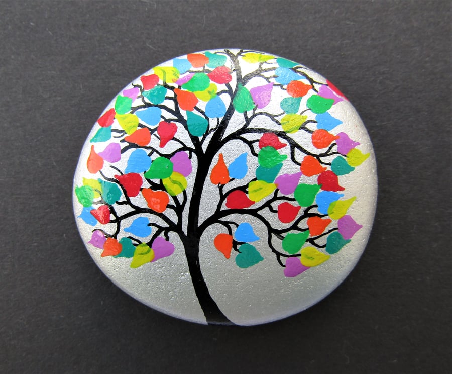 Tree Stone Painting, Love Gift, Rainbow Hearts, Painted Pebble, LGBTQ Art, Rock