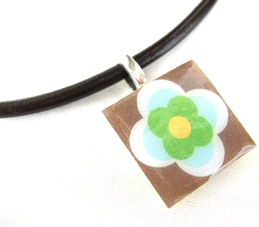 Leather and sterling Silver Ceramic Tile Necklace Retro Resin Pendant