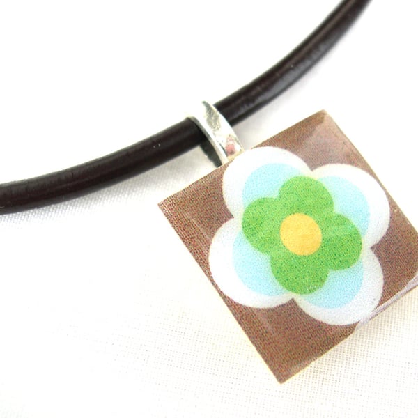 Leather and sterling Silver Ceramic Tile Necklace Retro Resin Pendant