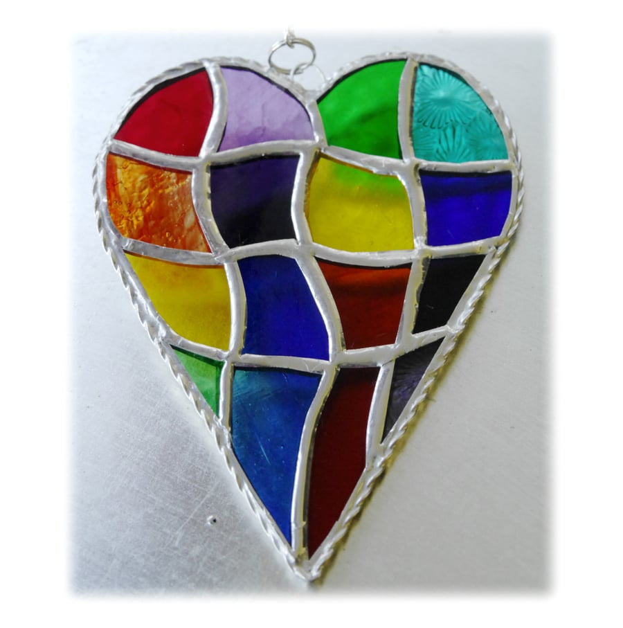 Patchwork Heart Suncatcher Stained Glass Handmade Rainbow 038