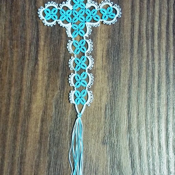 Cream and Turquoise Tatted Cross Bookmark