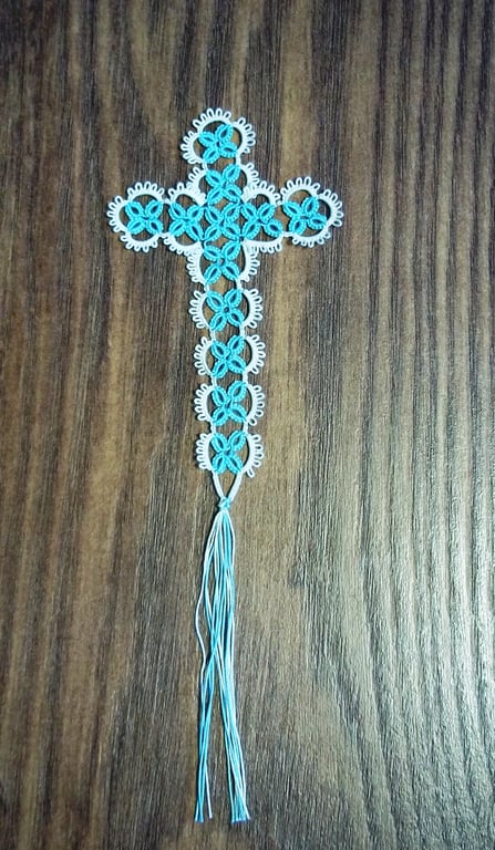 Cream and Turquoise Tatted Cross Bookmark