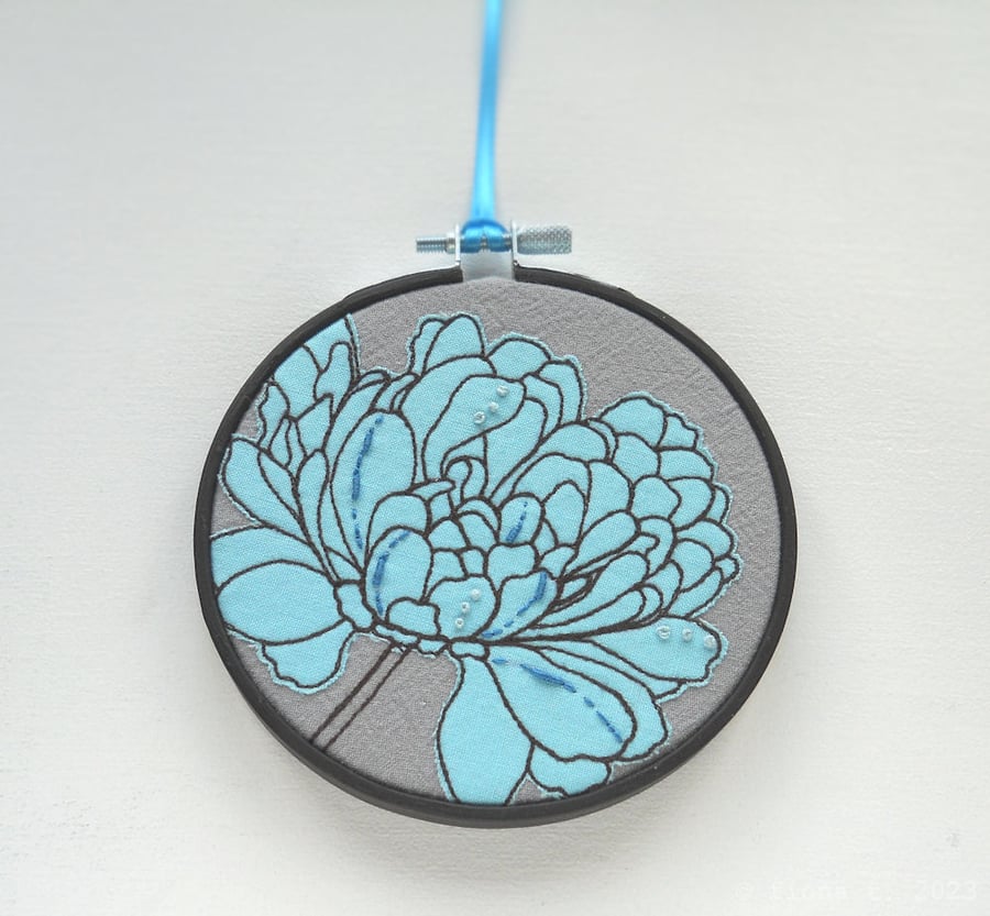 freemotion and hand embroidered floral textile hoop original art blue
