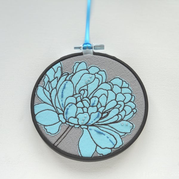 freemotion and hand embroidered floral textile hoop original art blue