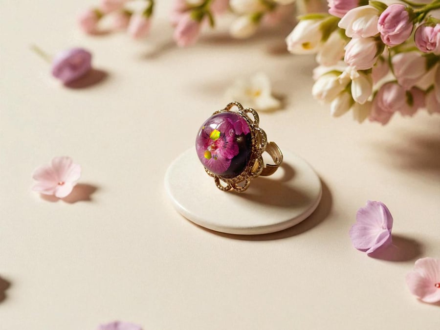 Pressed flower ring Nature inspired resin jewelry Gold statement ring