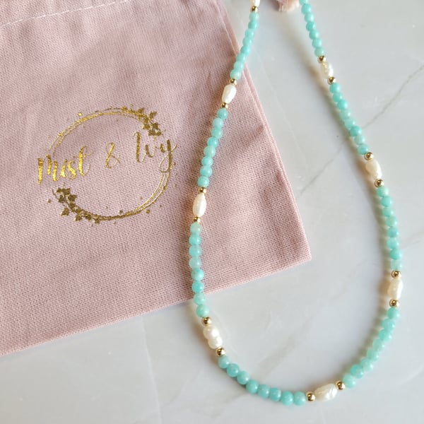 Pearl and Amazonite Handmade Necklace 14kt Gold Filled