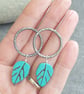 Turquoise leaf earrings, Large oxidised silver hoops, Howlite gemstone - Image 3