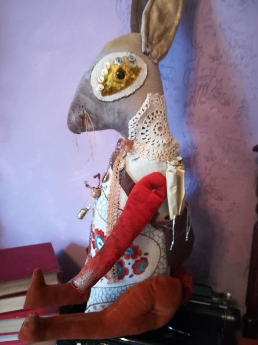 Primitive textile art Hare, sculpture, textile art, vintage style, home decor