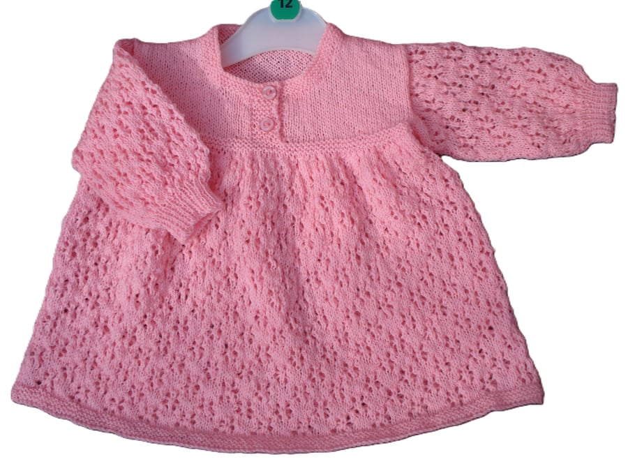Pretty Hand Knitted Peach Pink Dress Long Sleeves Button Front (J138)