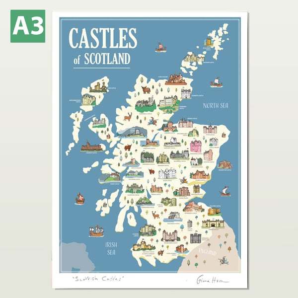 Castles of Scotland illustrated map poster A3