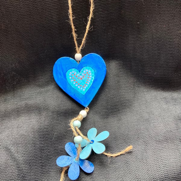 Up cycled hand painted hanging heart and flowers 