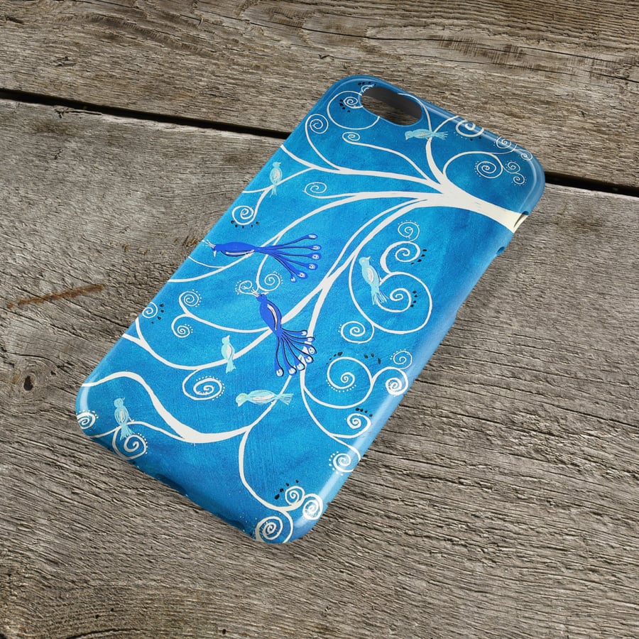 Peacocks iPhone Case - Blue & White Peacocks in a Tree Whimsical Art iPhone Case