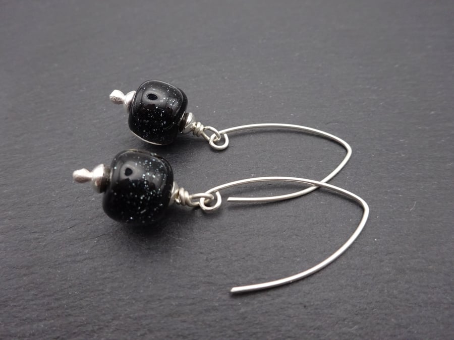 black glitter lampwork glass earrings, sterling silver jewellery