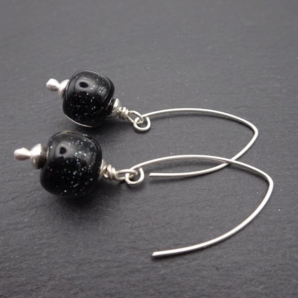 black glitter lampwork glass earrings, sterling silver jewellery