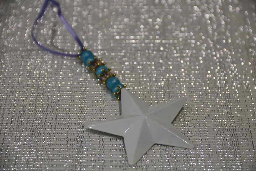 Beaded Star Christmas tree decoration, white metal star & light blue beads