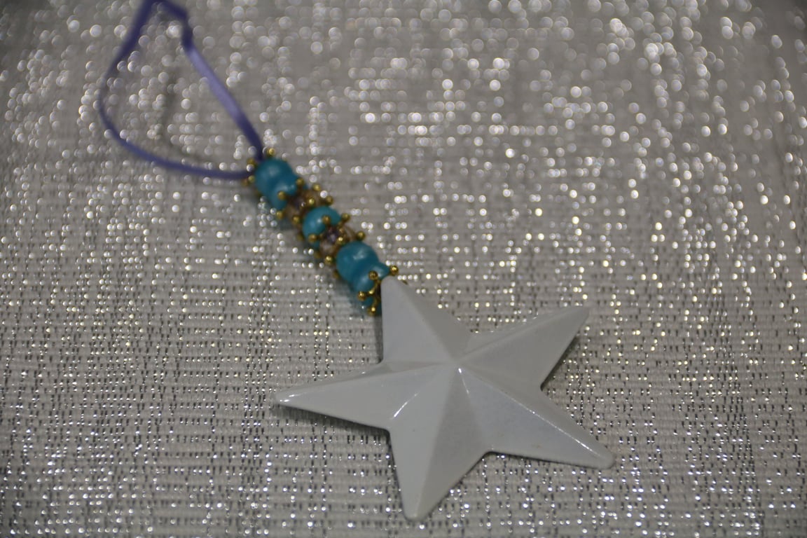 Beaded Star Christmas tree decoration, white metal star & light blue beads