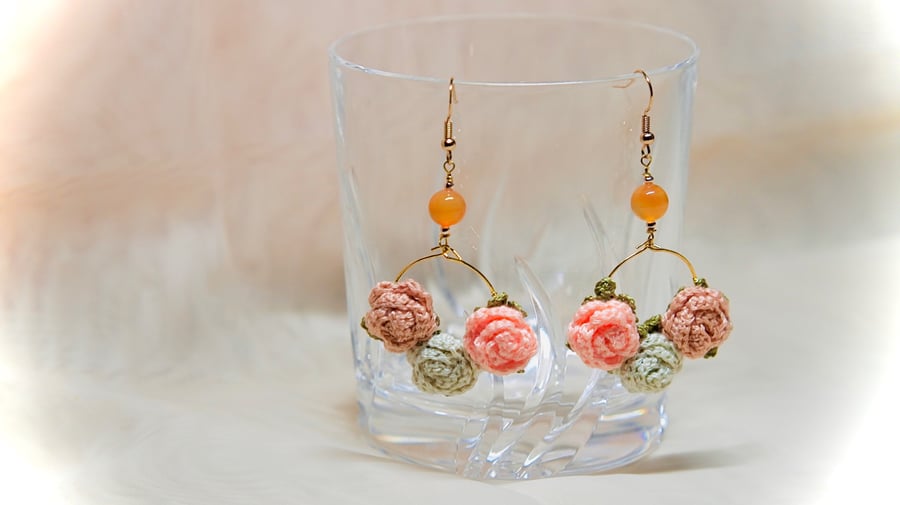 Orange Carnelian Crochet Floral Earrings 
