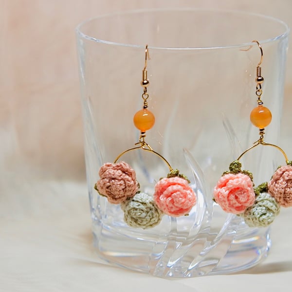 Orange Carnelian Crochet Floral Earrings 
