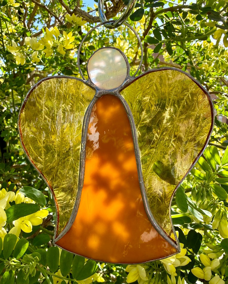 Stained Glass Bell Angel Decoration - Burnt orange glow with amber wings