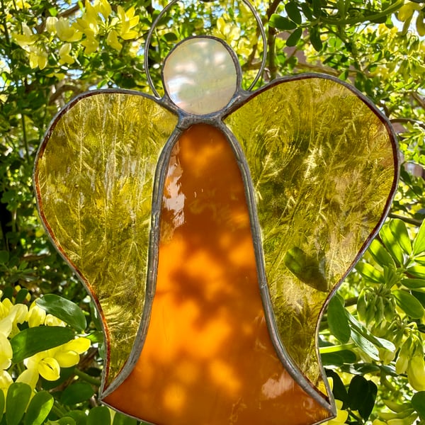 Stained Glass Bell Angel Decoration - Burnt orange glow with amber wings