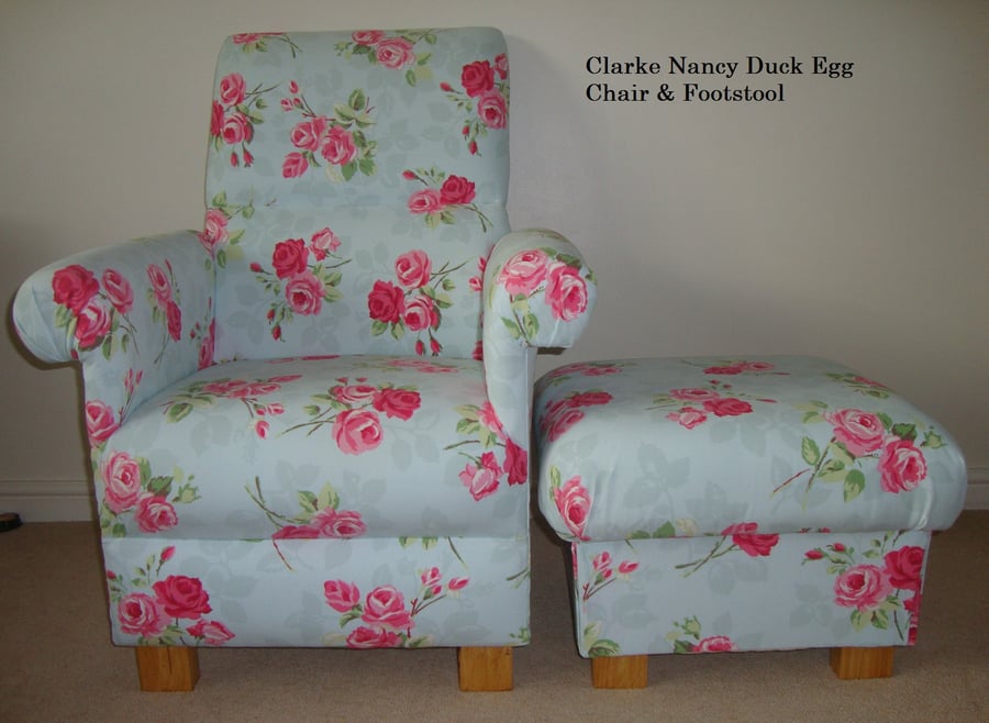 Clarke Nancy Duck Egg Fabric Chair & Footstool Roses Floral Vintage Armchair