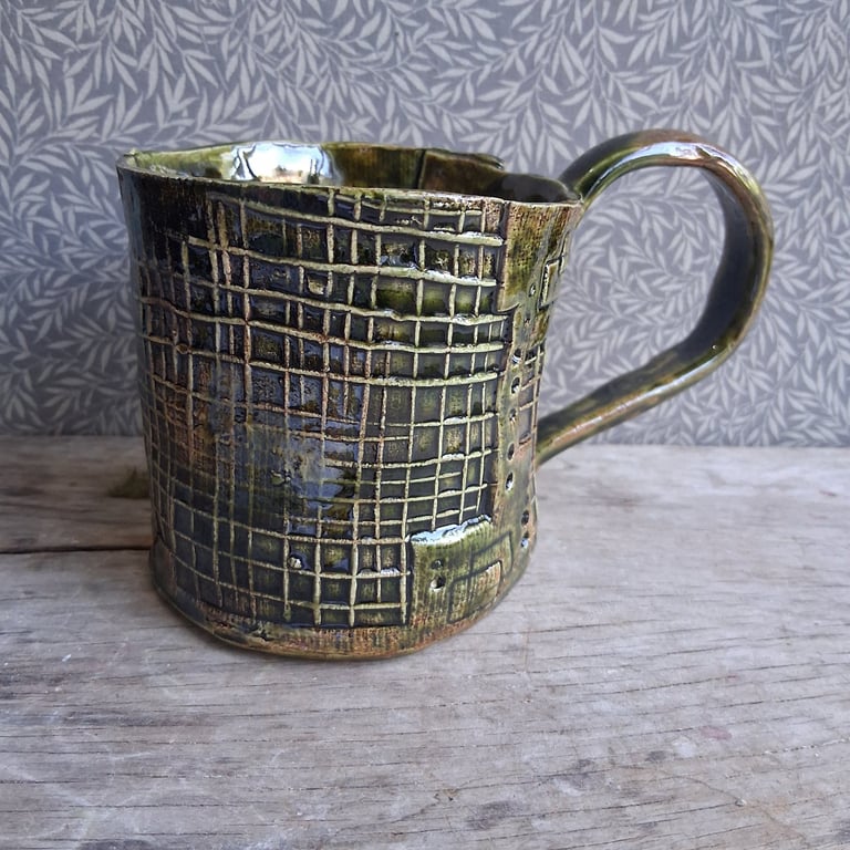 Olive green abstract check coffee cup, geometric rustic tea mug
