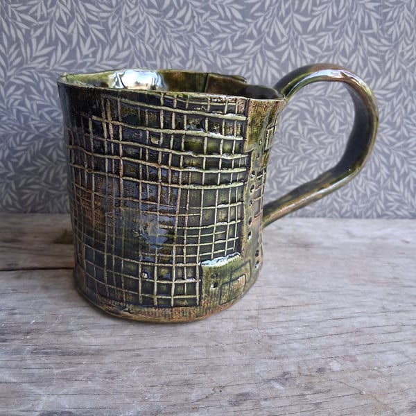 Olive green abstract check coffee cup, geometric rustic tea mug
