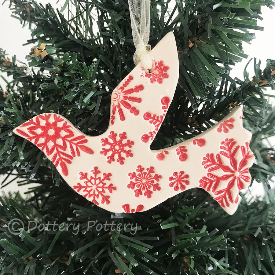 Snowy white dove (red) ceramic Christmas decoration
