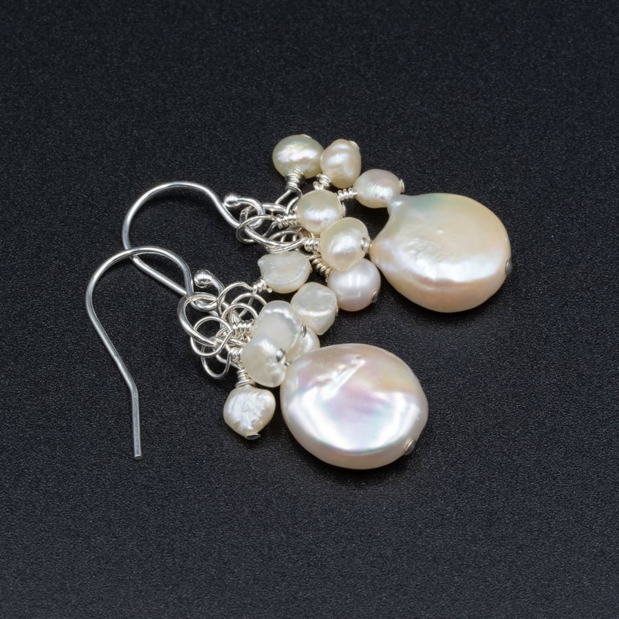 Natural freshwater pearl cream coin cluster drop earrings, pearl jewelry 