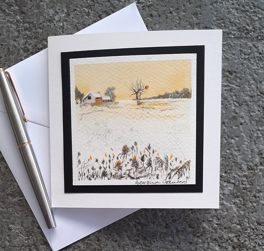 Snowy Morning. Blank Handpainted Gift Greetings Card With Silver Glitter.