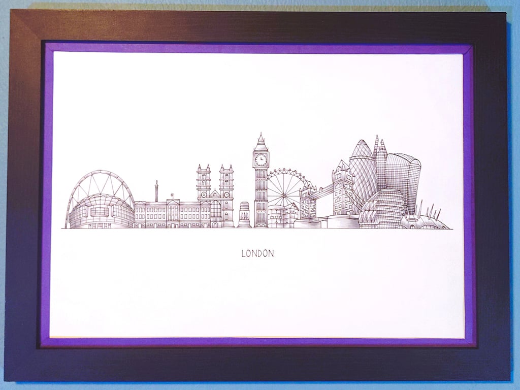 London Cityscape Handmade Unique Framed A3 Print Purple Border Wallart Gift
