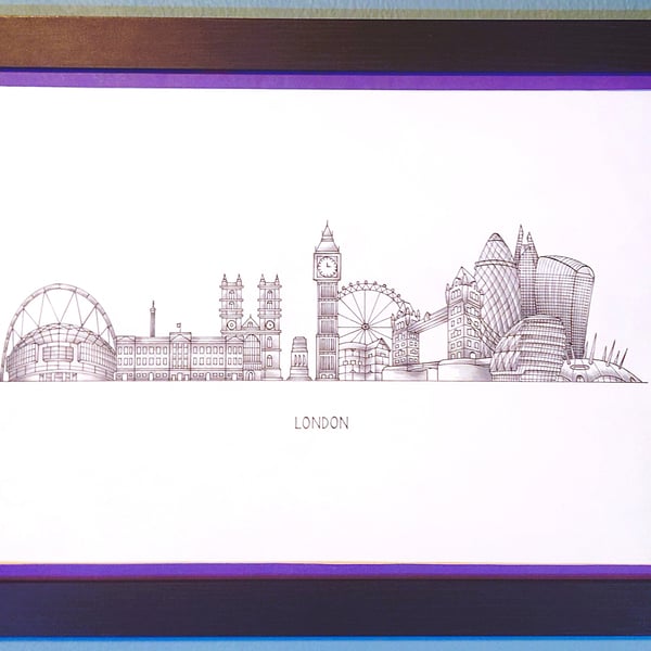 London Cityscape Handmade Unique Framed A3 Print Purple Border Wallart Gift