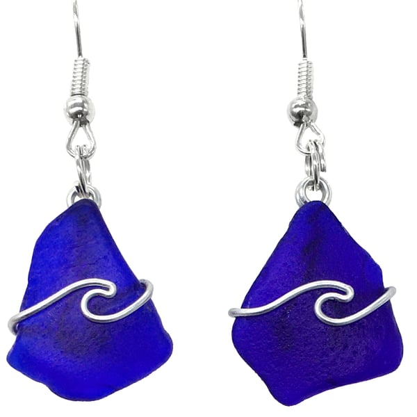 Blue Seaglass Drop Earrings - Handmade Silver Wave Scottish Sea Glass Jewellery