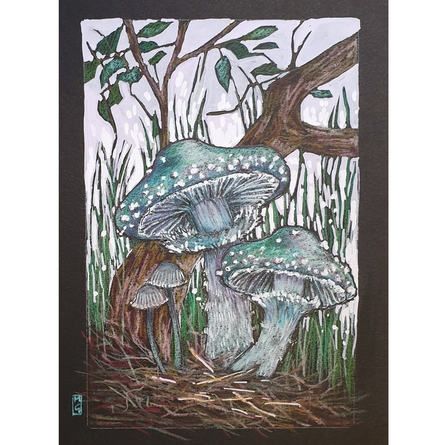 Verdigris Agaric Mushrooms artwork, fungi original drawing, wall art