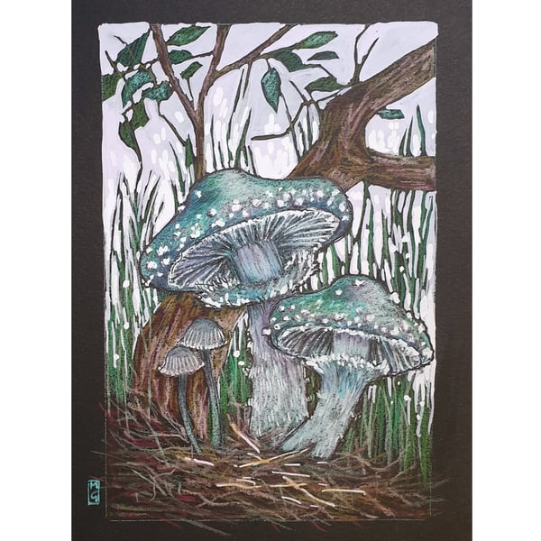 Verdigris Agaric Mushrooms artwork, fungi original drawing, wall art