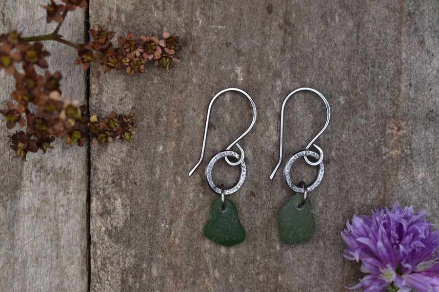 Scottish Sea Glass and Recycled Sterling Silver Earrings, Dark Green