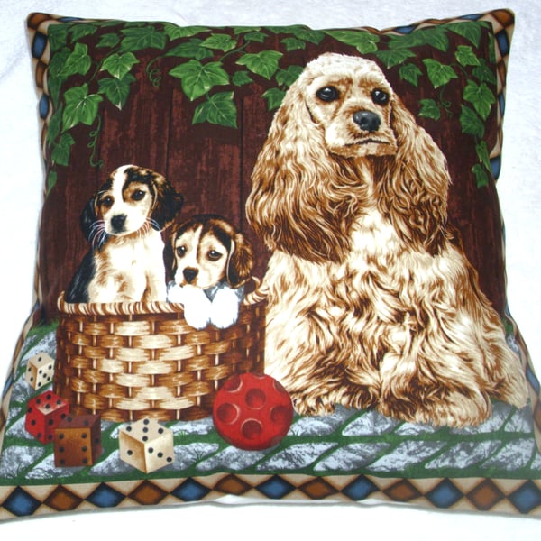 Dogs cushion with an American Cocker Spaniel  and pups in a garden.
