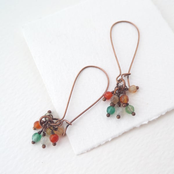 Gemstone Copper Earrings, Semi Precious Stone Cluster, Antique Copper Long