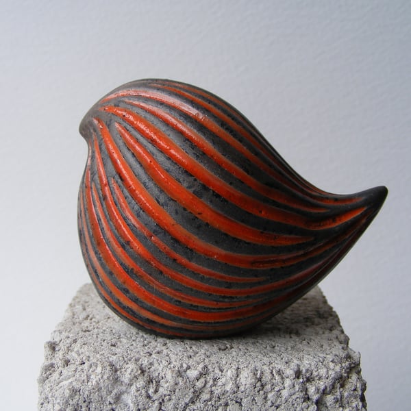 Round bird, carved raku fired, orange