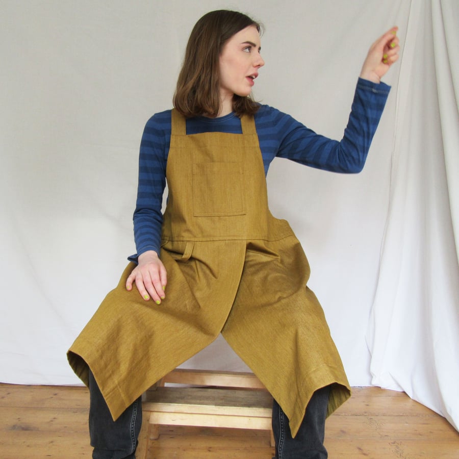 Golden Denim Crossback Pottery Apron - with split front, craft apron No4:5