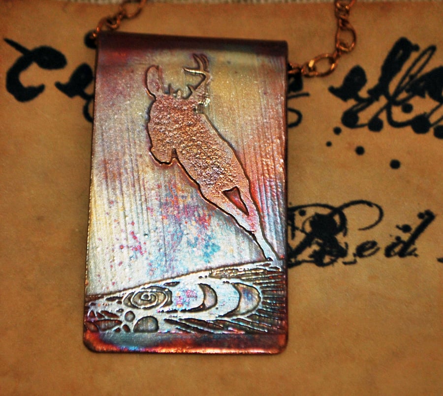 Etched copper stag pendant - copper pendant on brass chain