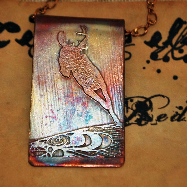 Etched copper stag pendant - copper pendant on brass chain