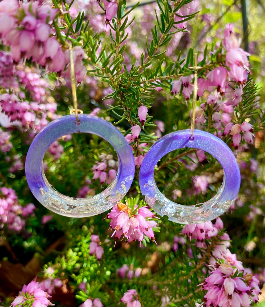 Handmade purple with lilac resin and silver foil rings hoop earrings