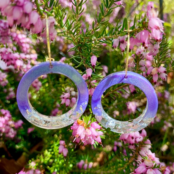 Handmade purple with lilac resin and silver foil rings hoop earrings