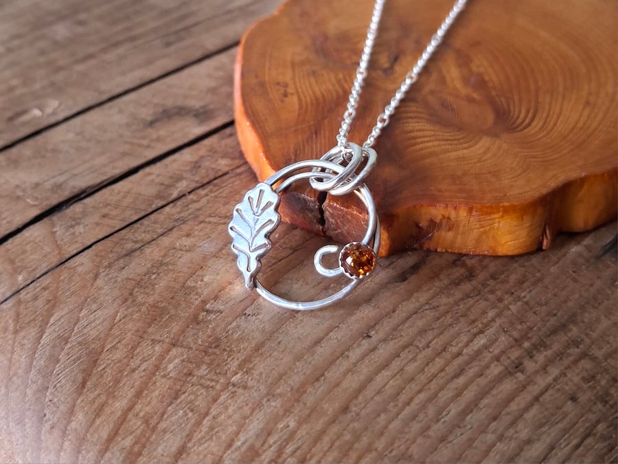 Handmade Oak Leaf Amber Silver Necklace