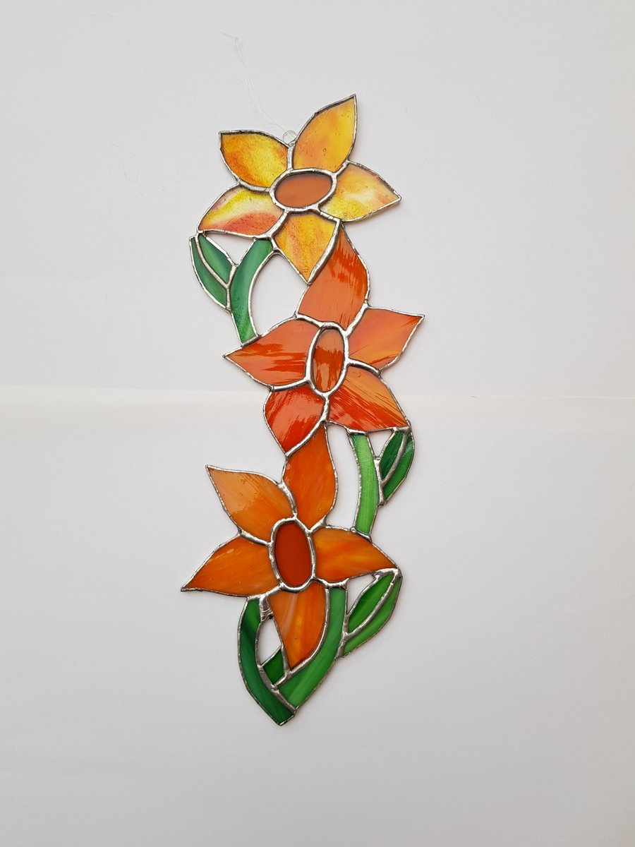075 Stained Glass Trio of flowers - handmade hanging decoration.