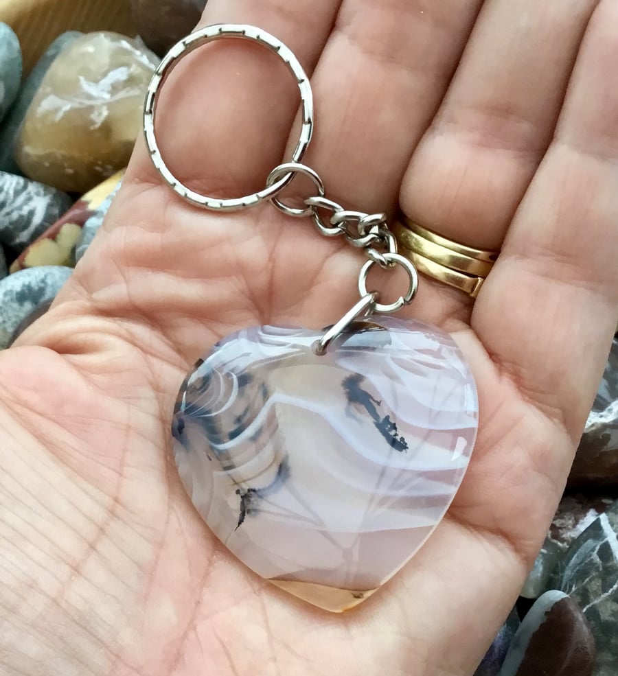 Gorgeous!  Stunning Dendritic Picture Agate Heart Keyring or Handbag Charm.